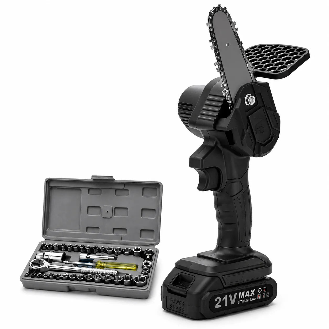 Kit Mini Motosierra Eléctrica Inalámbrica con 2 Baterías 48VF y Set de Herramientas 40 Piezas - vista completa del kit