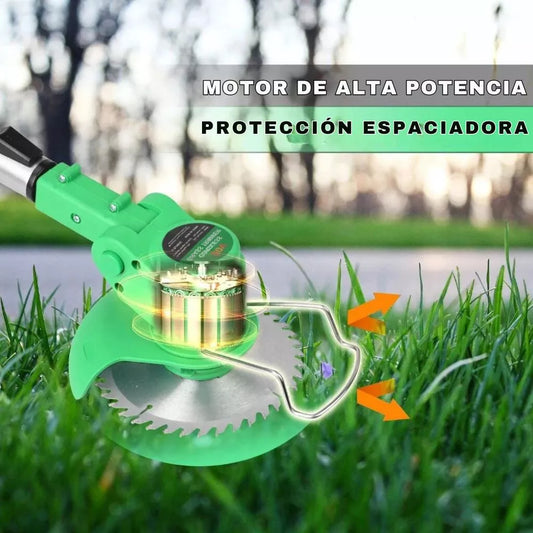 podadora inalámbrica 3 en 1 cortando césped con cambio de cabezal