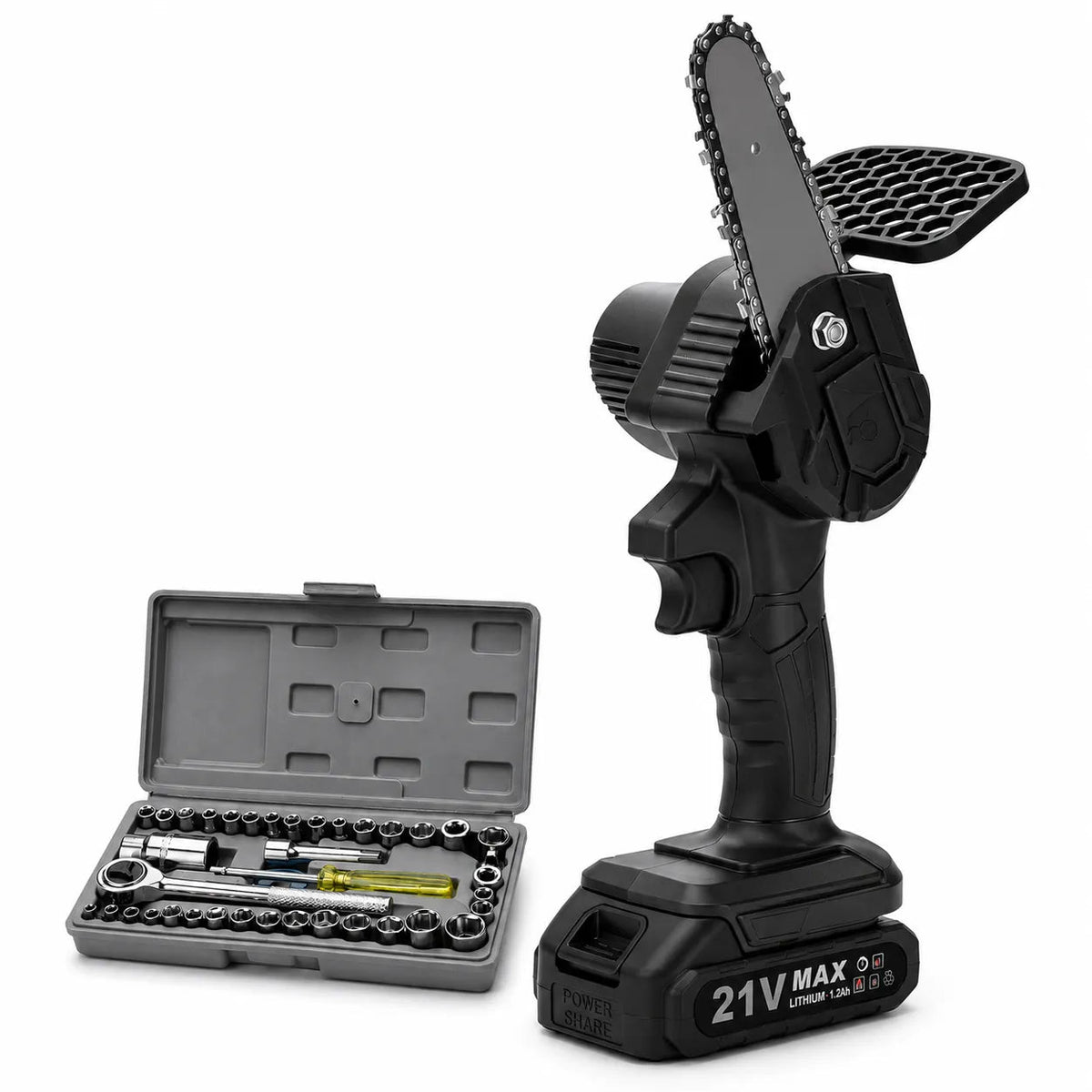 Kit Mini Motosierra Eléctrica Inalámbrica con 2 Baterías y Set de Herramientas 40 Pieza - Mparche