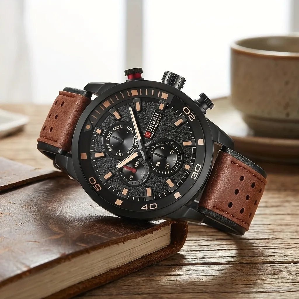 Reloj Curren 8250 Hombre Correa Cuero Legítimo Cafe Oscuro - Minha loja