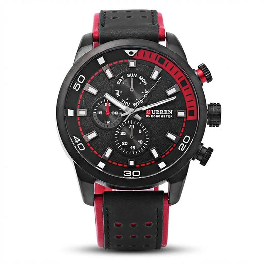 Reloj Curren 8250 Hombre Correa Cuero Legítimo Rojo Negro - Minha loja