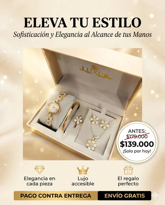 Set Emperatriz Dorado 5 en 1 — Reloj Femenino + Pulsera + Anillo + Collar + Aretes - Mparche